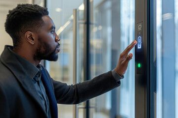 African man uses a finger scanner to unlock a glass door in an office building - obrazy, fototapety, plakaty
