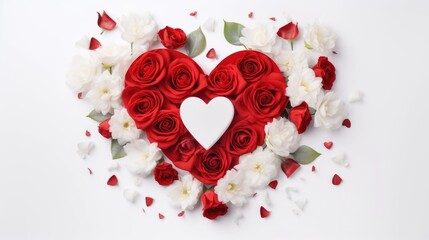 Red heart white rose and Valentine's Day greeting card ,white background. Generative Ai