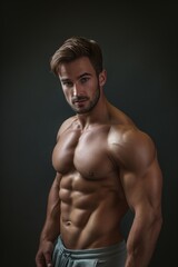 Fototapeta premium Handsome Caucasian muscled bearded bodybuilder man posing against black background