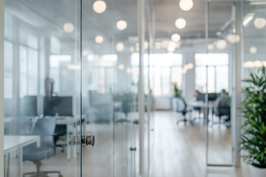 White, light gray and sky blue business office with blurred people casual wear