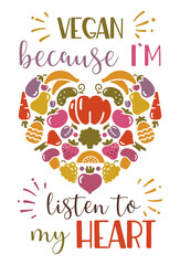 Stylized icons of vegetables and fruit with a motivational vegan inscription