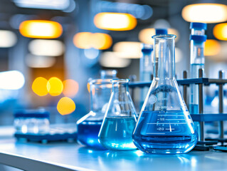 Scientific Chemistry in Laboratory, Research with Glassware and Blue Liquid