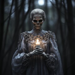  Mysterious skeleton woman in the forest with a candle in her hands