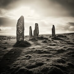 Mystical standing stones on a windswept moor.