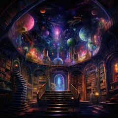 Neon Colorful Magical Library in Space
