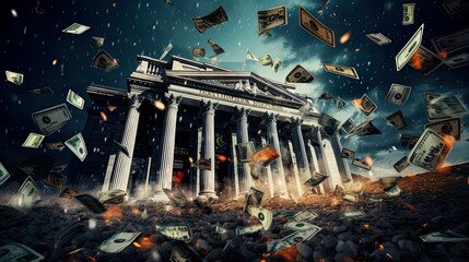 The concept of exchange in financial markets is the collapse of the financial system of capitalism. collapse of a financial pyramid, dollars are burning in the dark. - obrazy, fototapety, plakaty