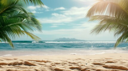 Fototapeta premium Tropical island sea beach, beautiful paradise nature panorama landscape, coconut palm tree green leaves, turquoise ocean water, blue sky sun white cloud, yellow sand, summer holidays, vacation, travel