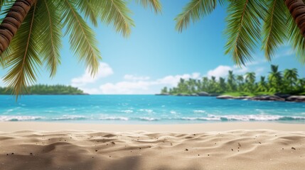 Tropical island sea beach, beautiful paradise nature panorama landscape, coconut palm tree green leaves, turquoise ocean water, blue sky sun white cloud, yellow sand, summer holidays, vacation, travel