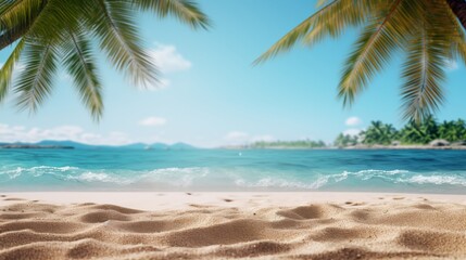 Tropical island sea beach, beautiful paradise nature panorama landscape, coconut palm tree green leaves, turquoise ocean water, blue sky sun white cloud, yellow sand, summer holidays, vacation, travel - obrazy, fototapety, plakaty