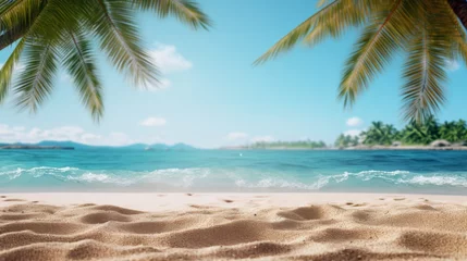 Poster Tropical island sea beach, beautiful paradise nature panorama landscape, coconut palm tree green leaves, turquoise ocean water, blue sky sun white cloud, yellow sand, summer holidays, vacation, travel © ND STOCK
