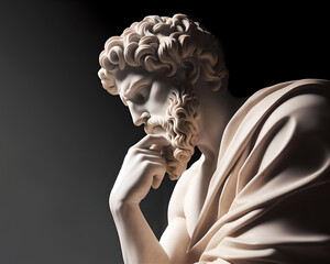 Statue of an ancient stoic philosopher thinking in the darkness. Black background.