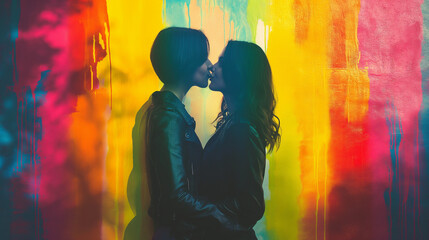 Gleichgeschlechtliches Paar küsst sich in der Öffentlichkeit zum Valentinstag wahre Liebe zeigen lgbtq Generative AI - obrazy, fototapety, plakaty
