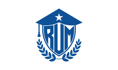 RUM three letter iconic academic logo design vector template. monogram, abstract, school, college, university, graduation cap symbol logo, shield, model, institute, educational, coaching canter, tech