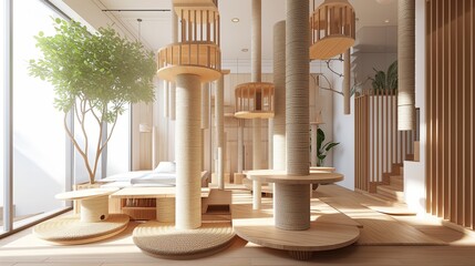 Cat-Themed Apartment Indulge your inner feline in this unique cat-themed space, featuring scratching posts disguised as miniature skyscrapers - obrazy, fototapety, plakaty