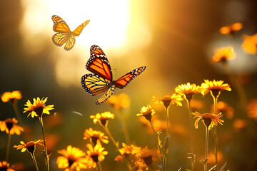 butterfly flying over flowers.