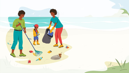 African American family cleaning up trash and waste on the beach. Caring for the environment, protecting the ecology. Banner with copy space. Vector stock illustration.