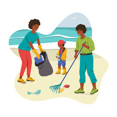 African American family volunteers cleaning up trash and household waste on the beach.Caring for the environment, protecting the ecology.Vector stock illustration.