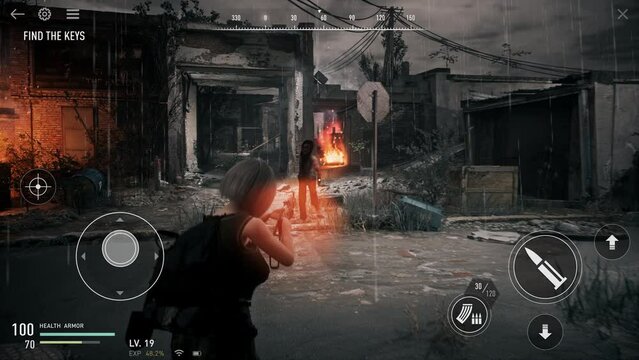Playing the mission of the horror smartphone game. Shooting the infected zombies in the mission of a horror mobile game. Collecting loot from the killed bodies in the horror game mission.