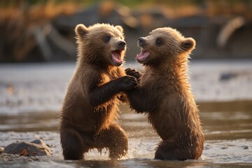 Obraz premium A bear cub playfully wrestling with its sibling.