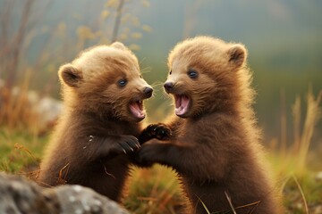 Obraz premium A bear cub playfully wrestling with its sibling.