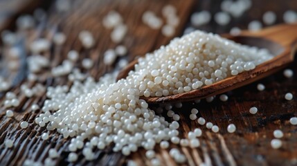 sago on a wooden spoon in close-up on a beautiful background. The concept of a grocery store.