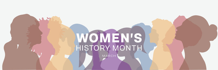 Women's History Month banner design with colorful silhouette of women. Vector illustration
