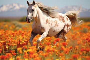 A horse frolicking in a field of wildflowers.