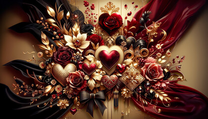 Valentines day chic greeting card with flowers, diamonds, textile luxurious composition