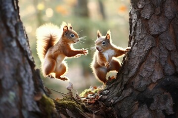 Naklejka na ściany i meble Squirrels chasing each other around a tree.