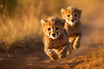 Obraz premium Cheetah cubs tumbling and chasing each other.