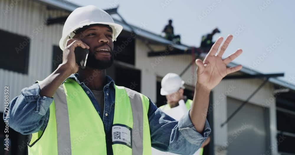 Poster Phone call, engineer and construction worker with discussion on site with building plans and safety gear. Black man, helmet or smartphone with communication on technology, happy or plan by warehouse