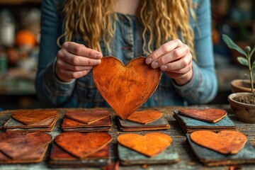 Close-up of hands creating personalized heart-shaped leather bookmarks