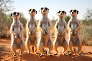 A group of meerkats standing on hind legs, surveying their surroundings. - obrazy, fototapety, plakaty