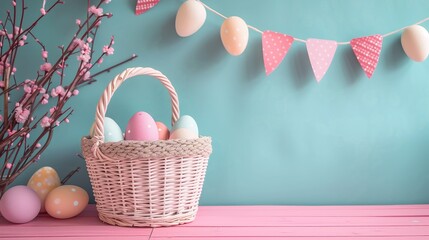 Fototapeta na wymiar Easter Basket Filled With Colorful Eggs and Spring Decorations on pastel background.
