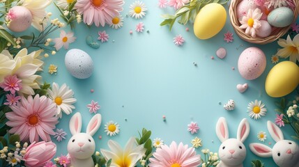 Fototapeta na wymiar Easter Bunnies Surrounded by colorful Eggs and spring flowers on a light blue pastel background with copy space for greeting cards, and banners.