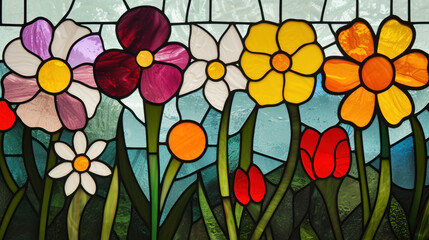 Stained glass Spring Flowers beautiful background as wallpaper illustration, Stained glass spring decoration, Spring flowers wallpaper, Luxury and artistic background	