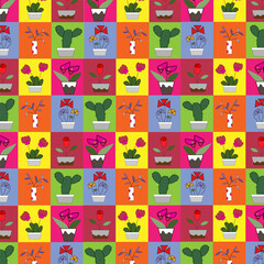 Illustration set of flowers in pots, seamless pattern.
