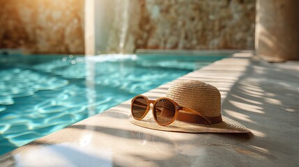 sunglasses and a straw hat on the poolside with sunlight and shadows. - obrazy, fototapety, plakaty