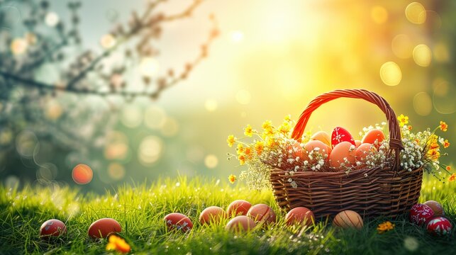 Easter Basket Filled With Colorful Eggs, Spring Flowers, and Seasonal Decorations on Green Grass and Sunny Spring Background