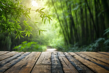 Wooden Tabletop with Relaxing Bamboo Grove Blur Background