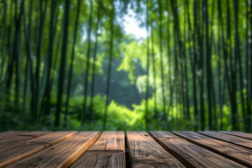 Naklejka premium Wooden Tabletop with Bamboo Grove Blur Background