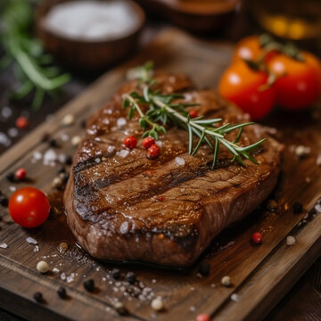 Grilled beef steak with rosemary and spices on a wooden board