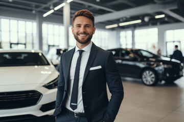 Confident car salesman smiling in dealership showroom - obrazy, fototapety, plakaty