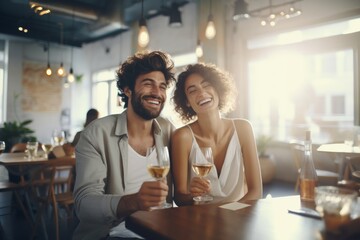 Joyful couple toasting wine glasses in a cozy restaurant - obrazy, fototapety, plakaty