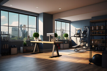 office with a concealed home gym area