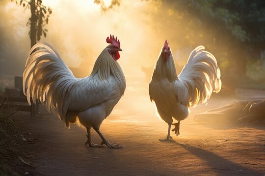 Roosters crowing and strutting in the morning sun.