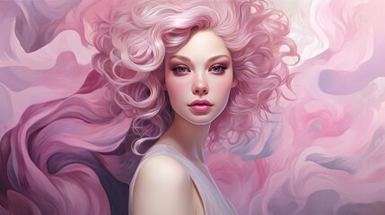 Fototapeta premium Fashion portrait of a beautiful woman with curly laveder hair. Perfect makeup. Portrait of a girl with curly hair.