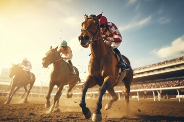 Thoroughbred horses racing on track, jockeys competing - obrazy, fototapety, plakaty