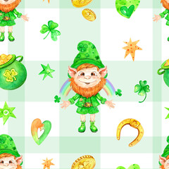 Happy leprechauns, rainbow and pots of gold on the green tartan background. Seamless watercolor pattern. St Patrick's Day. PNG. Transparent background.
