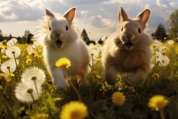 Fototapeta na wymiar Rabbits hopping through a field of dandelions.